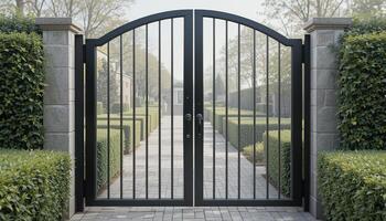 Open Gates Leading to a Lush Garden With Neatly Trimmed Hedges and Walkways on a Serene Morning photo