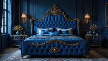 Luxurious Blue Bedroom Featuring Ornate Furniture and Elegant Decor in a Stylish Room Setting photo