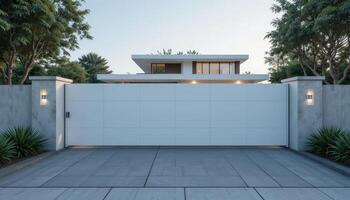 Modern Residential Entrance With Sleek Gate and Contemporary Architecture Surrounded by Greenery photo