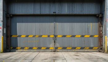 Industrial Warehouse Loading Dock With Large Metal Doors Showing Wear and Tear From Years of Use photo