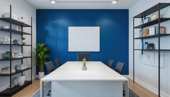 Modern Conference Room in a Sleek Office Setting With Blue and White Decor photo