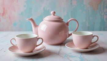 Charming Pink Tea Set on a Marble Surface With Pastel Background in a Cozy Setting photo