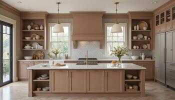 Modern Kitchen Design With Beige Cabinetry and Marble Countertops Featuring Ample Storage and Elegant Decor photo