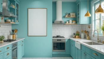 Bright Coastal Kitchen Features Turquoise Cabinetry and Modern Appliances With Natural Light Streaming In photo