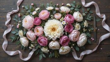 Beautiful Floral Arrangement Featuring Peonies and Dahlias on Rustic Wooden Background photo