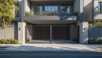 Modern Architectural Design of a Residential Building With a Prominent Front Gate and Landscaping in a City Setting photo