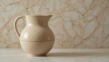 Elegant Cream Ceramic Pitcher on Textured Marble Surface in a Softly Lit Setting photo