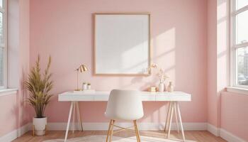 Modern Desk Setup in a Serene Pink Home Office During Daytime Sunlight photo