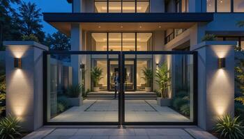 Elegant Modern Architecture With Beautiful Landscaping at Dusk photo