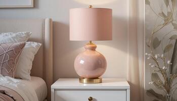 Elegant Pink Lamp on Nightstand in Cozy Bedroom With Soft Bedding and Decorative Elements photo