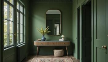 Elegant Green Entryway Featuring a Console Table and Natural Light photo