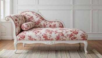 Elegant Chaise Lounge With Floral Pattern in a Bright, Airy Interior Space photo