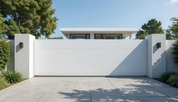 Modern Architecture Showcased by a Sleek White Wall and Minimalist House Surrounded by Greenery in Bright Sunlight photo