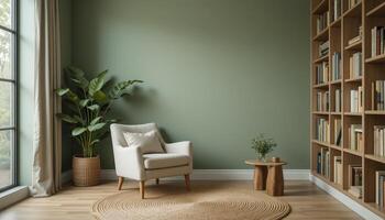 Cozy Reading Nook Featuring a Comfortable Chair, Bookshelves, and Indoor Plants in a Natural Green Setting photo