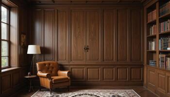 Cozy Study With Wooden Paneling, Leather Chair, and Bookshelf in Softly Lit Room photo