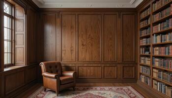 Cozy Reading Nook With a Leather Armchair and Wooden Bookshelves in a Classic Study Setting photo