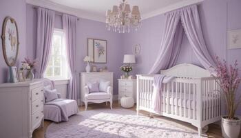 Soft Lavender Nursery Featuring White Furniture and Elegant Decor in a Tranquil Setting photo