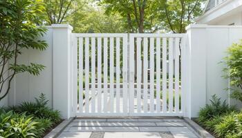 Beautiful White Gate Opening to a Serene Garden Path Surrounded by Lush Greenery photo