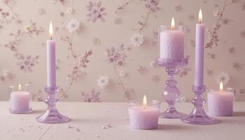 Elegant Lavender Candle Arrangement on a Floral Backdrop for a Serene Atmosphere photo