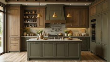 Modern Kitchen With Green Cabinetry and Wooden Accents Featuring an Elegant Island and Open Shelving photo