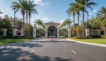 Luxurious Gated Entrance Featuring Tall Palm Trees and Elegant Architecture on a Sunny Day photo