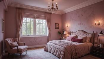 Cozy Bedroom With Elegant Decor and Natural Light in a Pastel Palette During the Evening Hours photo