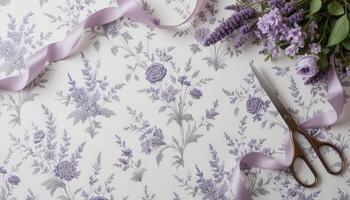 Beautiful Floral Arrangement With Scissors and Lavender Ribbon on Elegant Patterned Backdrop photo
