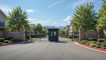 Gated Entrance to a Residential Community Surrounded by Greenery and Mountains in Bright Daylight photo