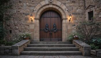 Beautiful Stone Entryway With Ornate Wooden Doors and Lantern Lighting in a Tranquil Setting photo
