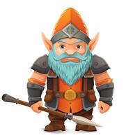 cartoon fantasy dwarf character bright blue beard and armor wearing an orange hat he stands firmly with a determined expression the design is a colorful illustration emphasizing fantasy themes vector