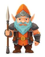 cartoon fantasy dwarf character with a bright blue beard and armor wearing an orange hat he stands firmly with a determined expression design colorful illustration emphasizing fantasy themes vector