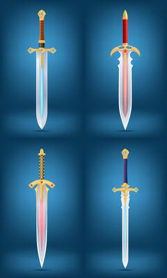 detailed illustration of a decorative sword featuring a gold hilt adorned with gemstones and a sleek blade against a gradient background, perfect for fantasy themes