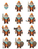 set cartoon fantasy dwarf character a bright blue beard and armor wearing an orange hat he stands firmly with a determined expression the design is a colorful illustration emphasizing fantasy themes vector