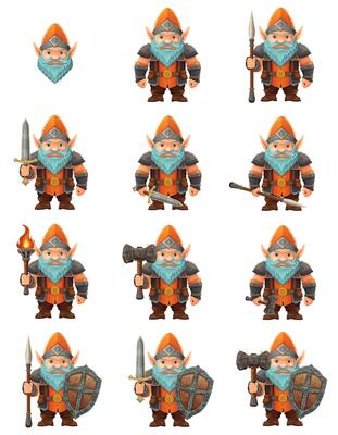 set cartoon fantasy dwarf character a bright blue beard and armor wearing an orange hat he stands firmly with a determined expression the design is a colorful illustration emphasizing fantasy themes