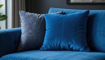 Cozy Setup With Vibrant Blue Cushions on a Stylish Modern Sofa in a Well-Lit Room photo