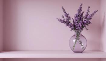 Elegant Lavender Bouquet in a Clear Vase on a Soft Pink Shelf Adding Charm to the Room photo