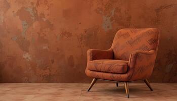 Elegant Retro Armchair Against Textured Ochre Wall in Modern Interior Design Setting photo