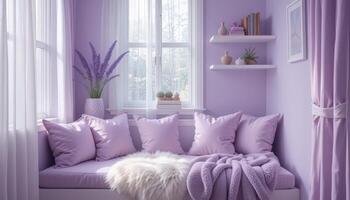 Cozy Lavender Nook With Soft Cushions and Natural Light Creating a Serene Atmosphere in a Tranquil Home Setting photo