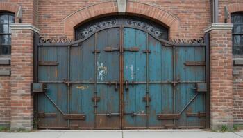 Rustic Blue Double Doors Showcase Weathered Charm on an Old Brick Building Facade photo
