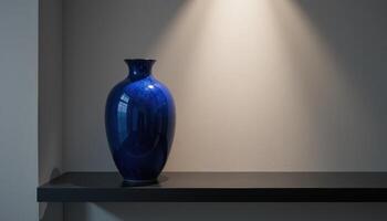 Elegant Blue Vase Displayed on a Shelf Under Soft Lighting in a Modern Interior Setting photo
