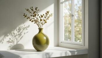 Fresh Green Vase With Branches Placed on a Windowsill Illuminated by Daylight photo