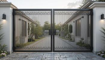 Elegant Gated Entrance to Modern Residence With Landscaped Pathway in the Background During Daylight photo