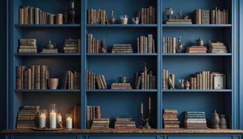 Elegant Book Shelf Filled With Antique Volumes and Decorative Items in a Cozy Room Setting photo