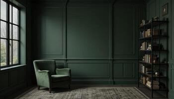 Cozy Green Room With Vintage Armchair and Bookshelf in Serene Indoor Setting photo