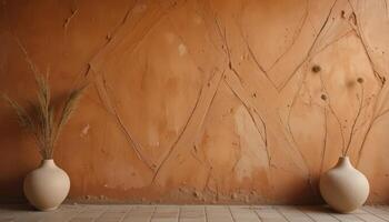 Elegant Display of Terracotta Wall and Minimalist Vases in a Serene Interior Setting photo