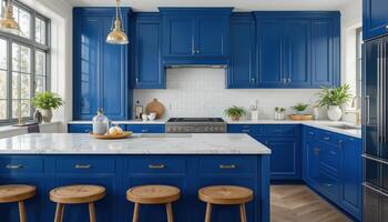 Bright and Modern Kitchen Featuring Blue Cabinetry and Stylish Island With Seating photo