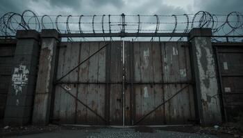 Rusty Gates Behind Barbed Wire Creating a Foreboding Atmosphere in an Abandoned Facility at Twilight photo