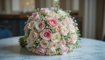 Beautiful Bouquet of Pink and Cream Roses on Marble Table in Elegant Venue During a Wedding Reception photo