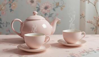 Elegant Tea Set With Steaming Cups on Floral Tablecloth in Soft Indoor Light photo