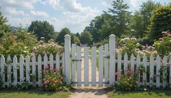 A White Picket Fence Gate Opens to a Serene Garden Path Surrounded by Colorful Flowers and Lush Greenery photo